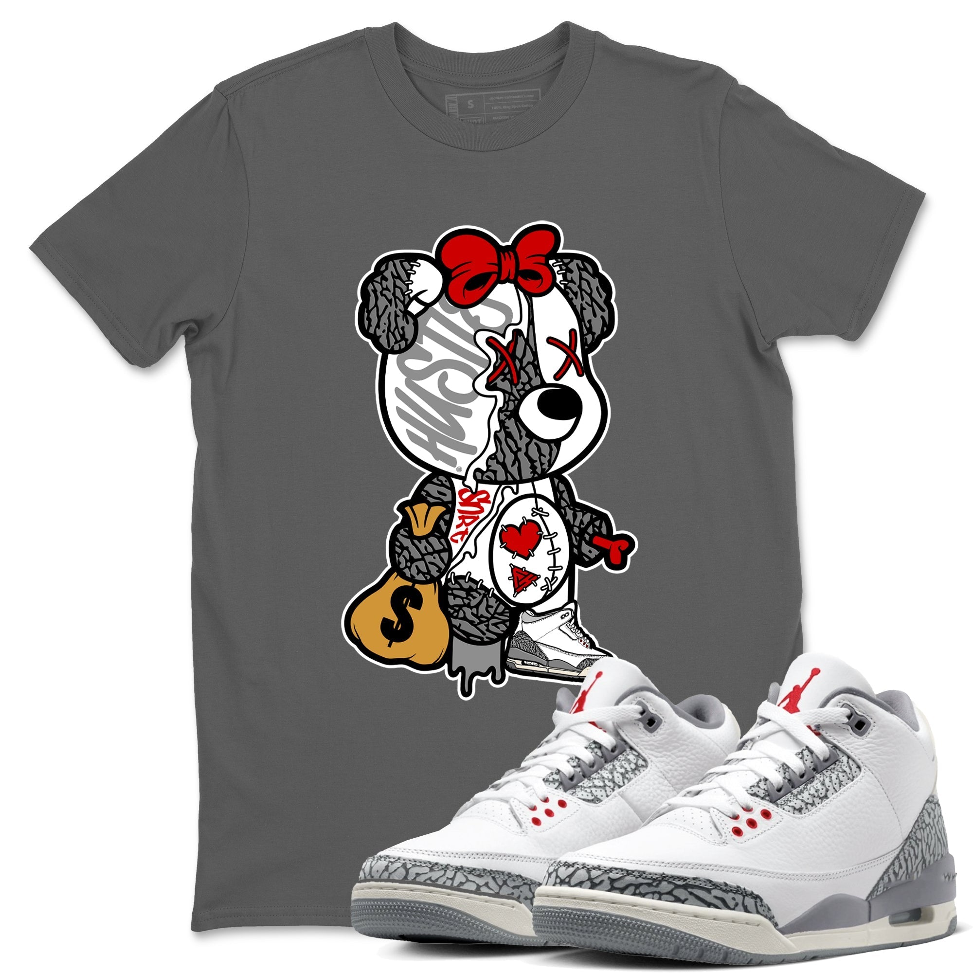 Stitched Hustle Bear snkmatch Tees - Air Jordan 3 Cement Grey