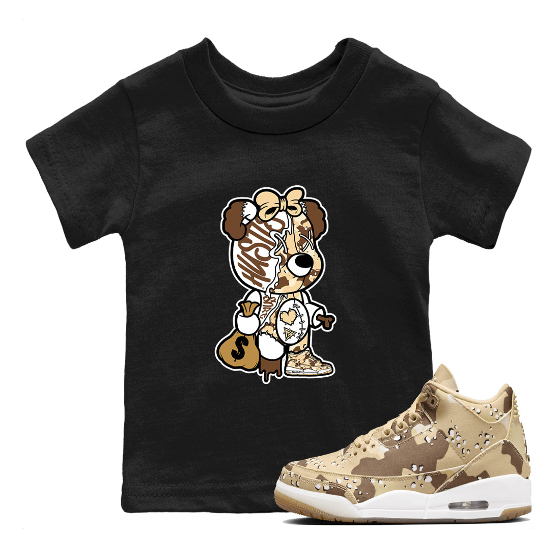Stitched Hustle Bear snkmatch Tees Kids - Air Jordan 3 Desert Camo
