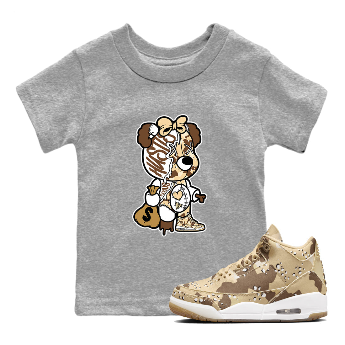 Stitched Hustle Bear snkmatch Tees Kids - Air Jordan 3 Desert Camo