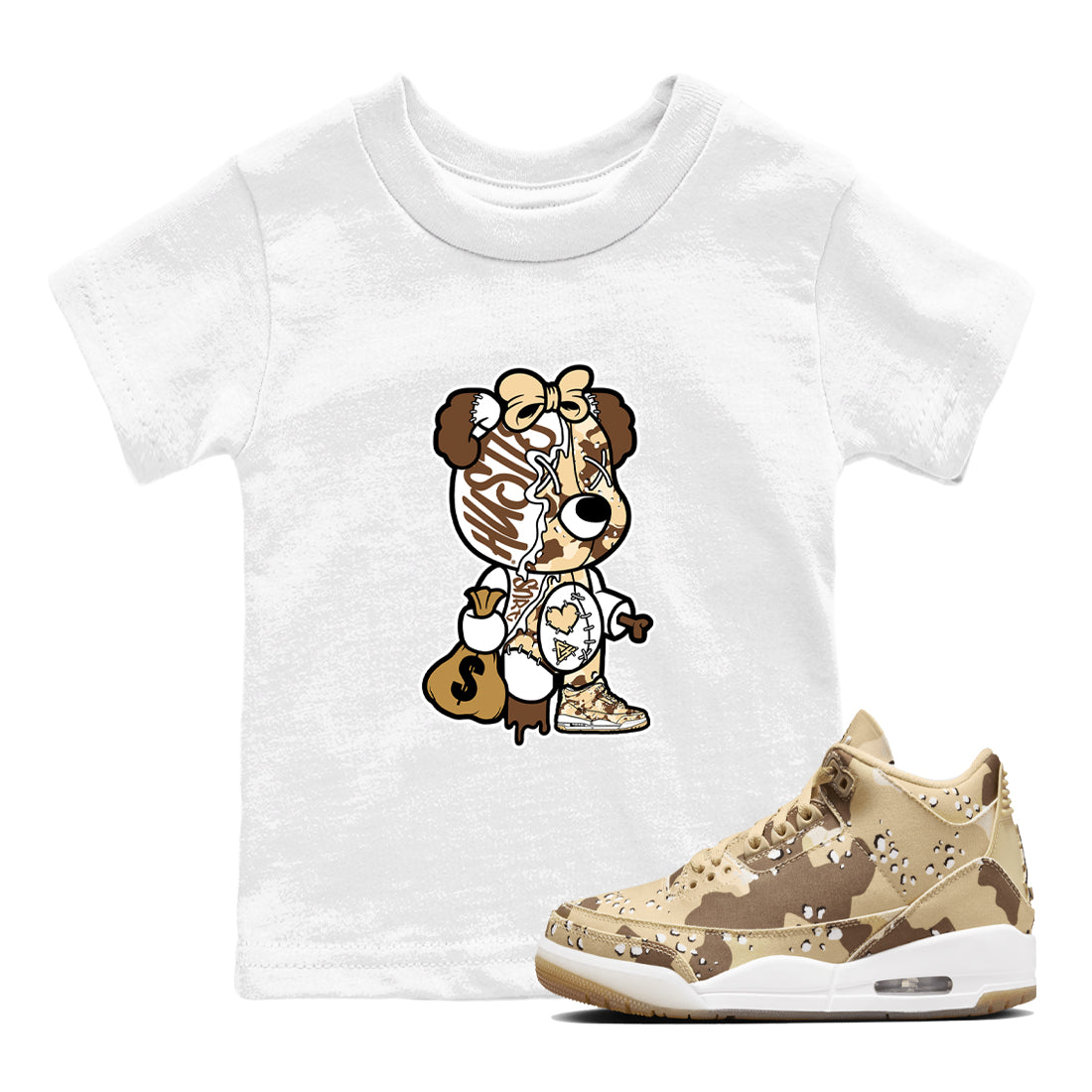 Stitched Hustle Bear snkmatch Tees Kids - Air Jordan 3 Desert Camo