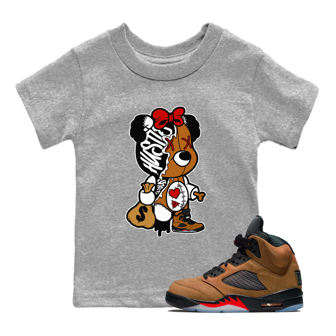 Stitched Hustle Bear snkmatch Tees Kids - Air Jordan 5 Archaeo Brown