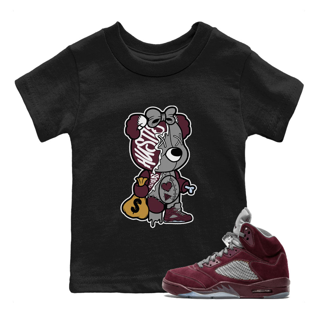 Stitched Hustle Bear snkmatch Tee Kids - Air Jordan 5 Burgundy