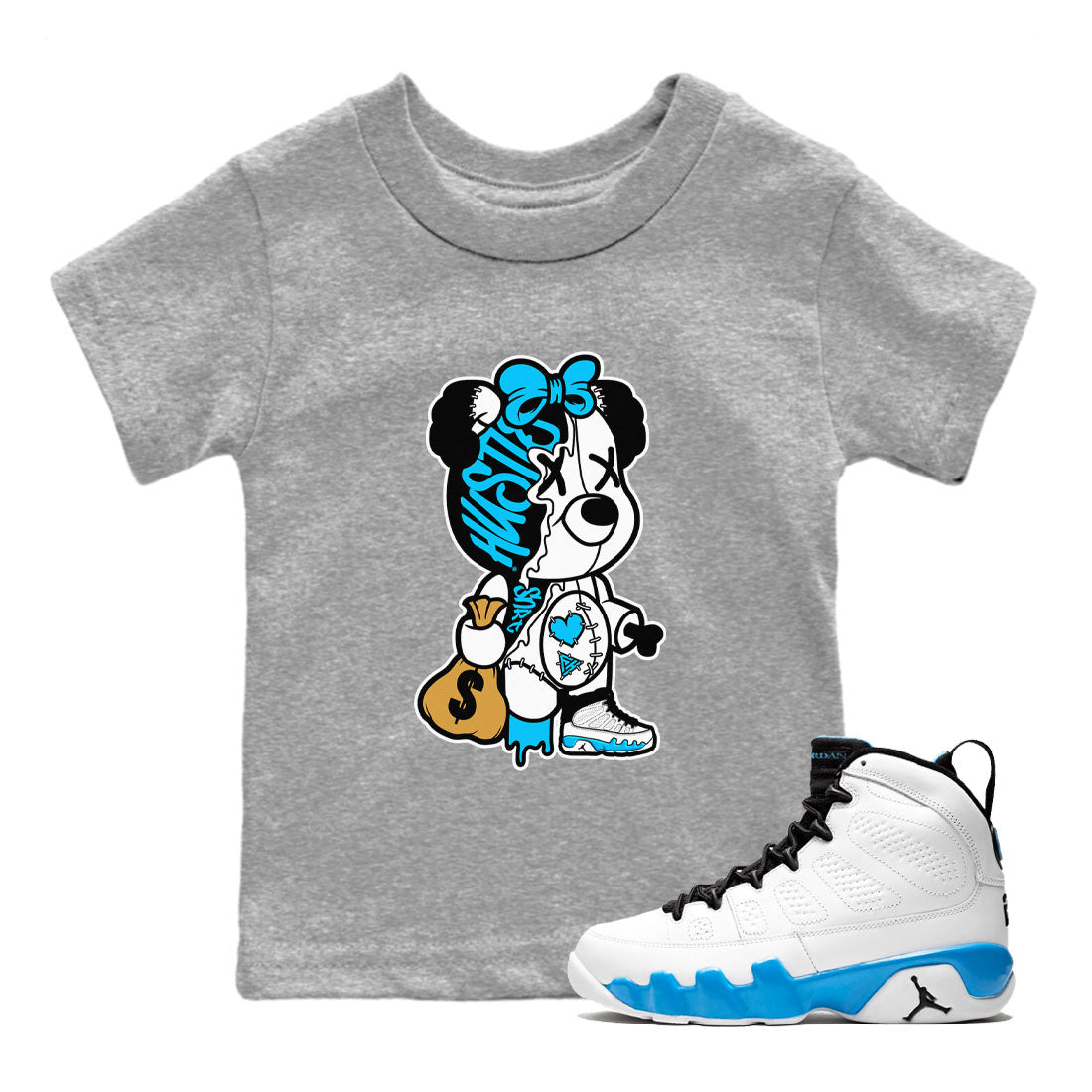 Stitched Hustle Bear snkmatch Tees Kids - Air Jordan 9 Powder Blue
