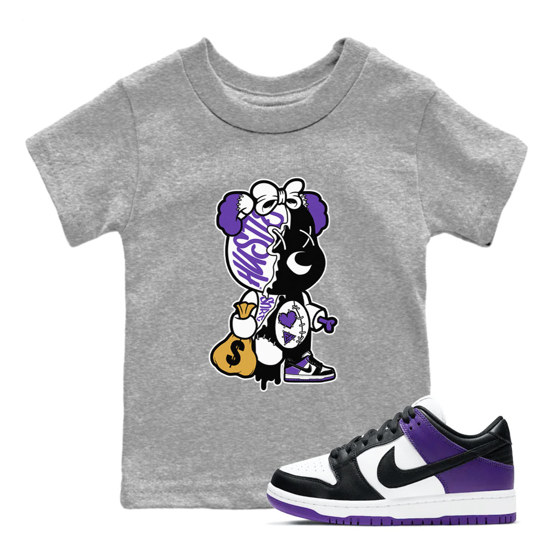 Stitched Hustle Bear snkmatch Tees Kids - Dunk Low Court Purple