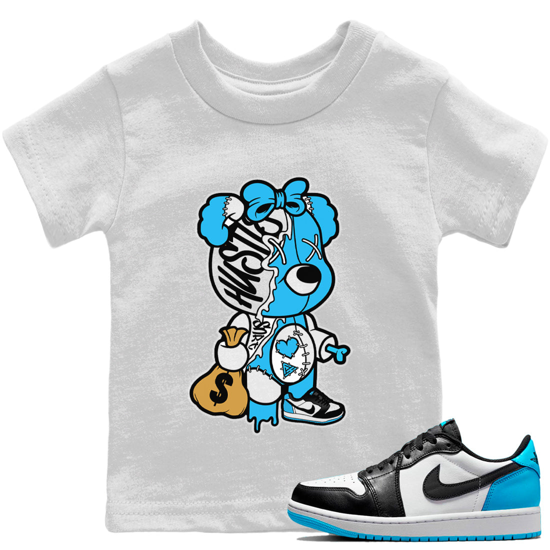 Stitched Hustle Bear Kids Tops - Air Jordan 1 Powder Blue