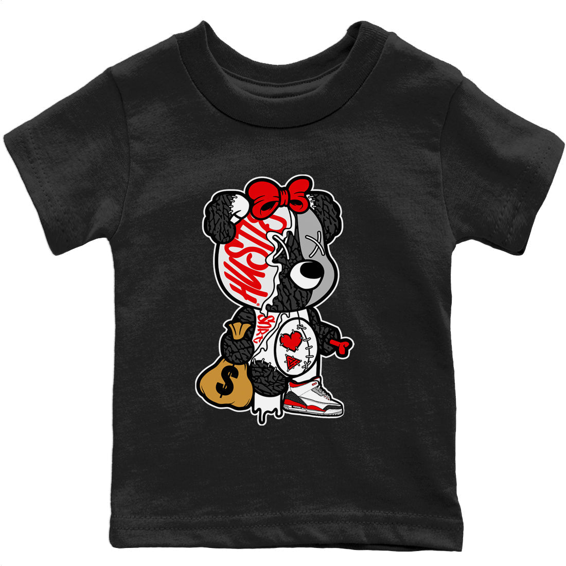 Stitched Hustle Bear Kids Tops - Air Jordan 3 Fire Red