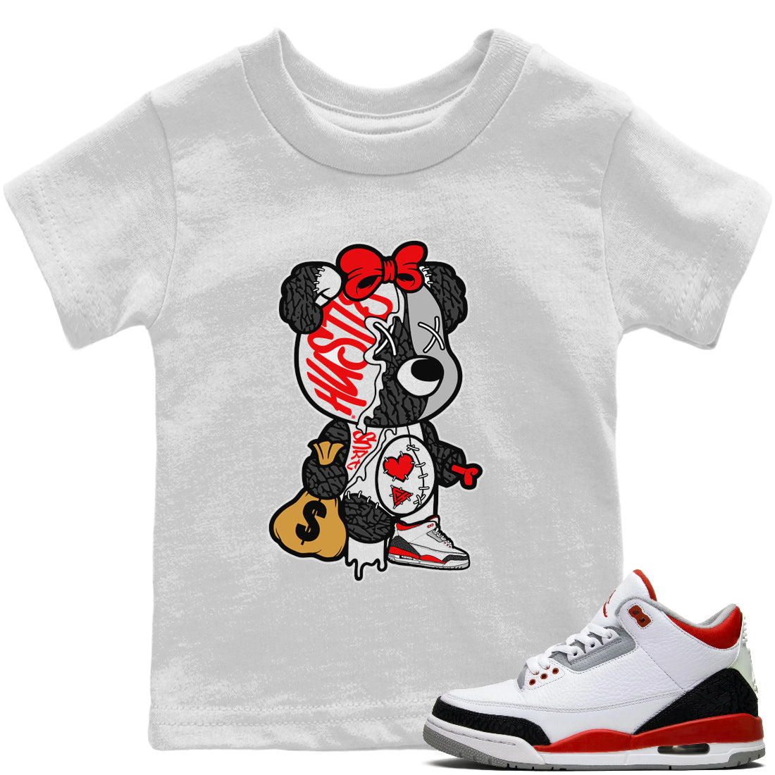 Stitched Hustle Bear Kids Tops - Air Jordan 3 Fire Red
