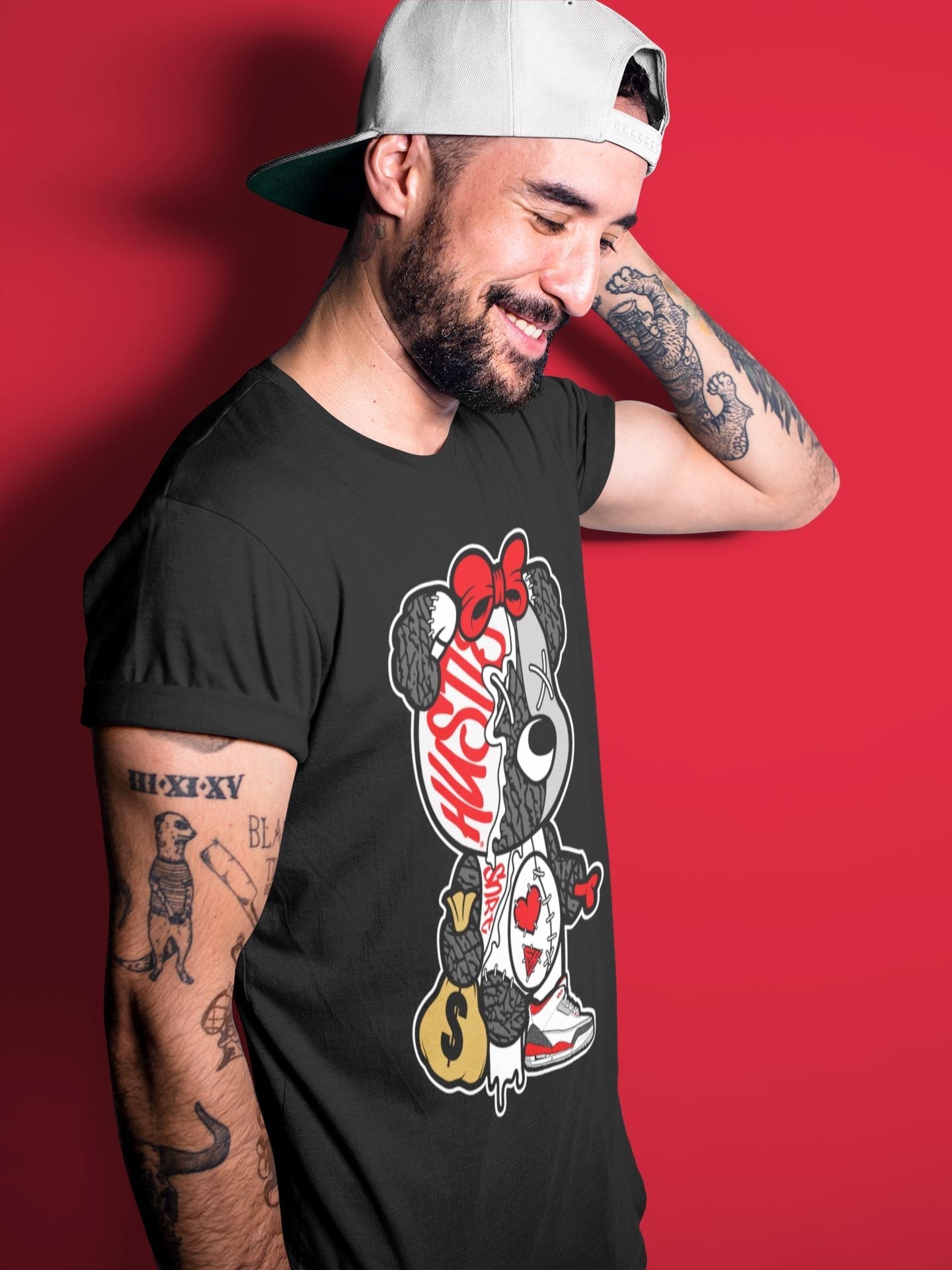 Stitched Hustle Bear Unisex Tops - Air Jordan 3 Fire Red