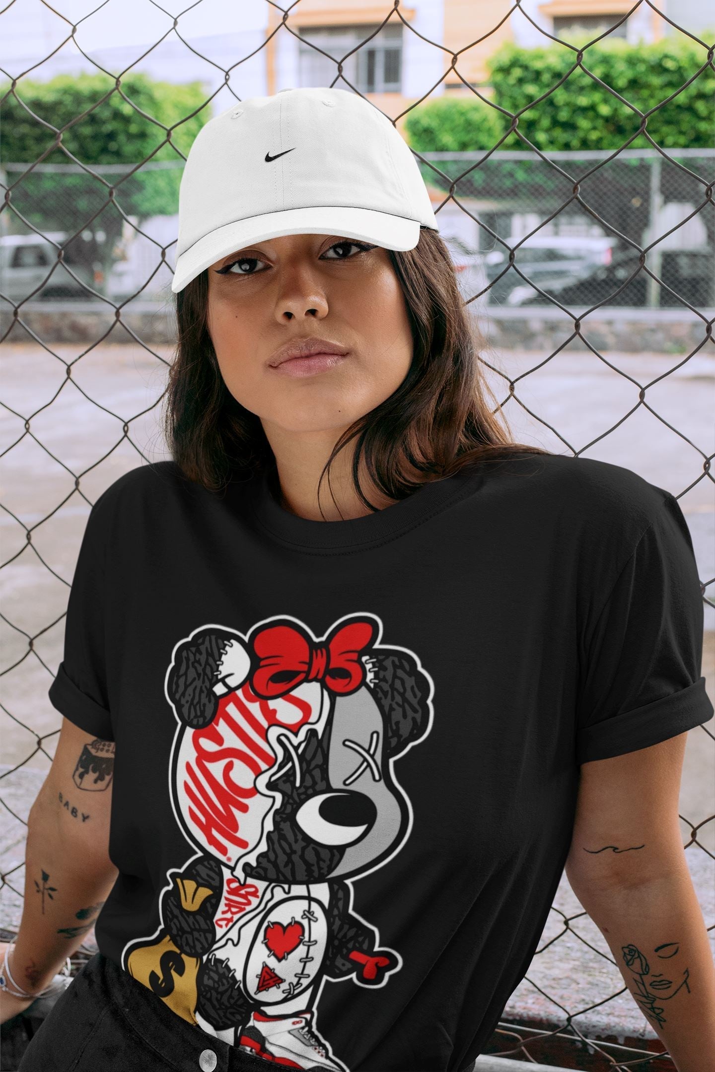 Stitched Hustle Bear Unisex Tops - Air Jordan 3 Fire Red