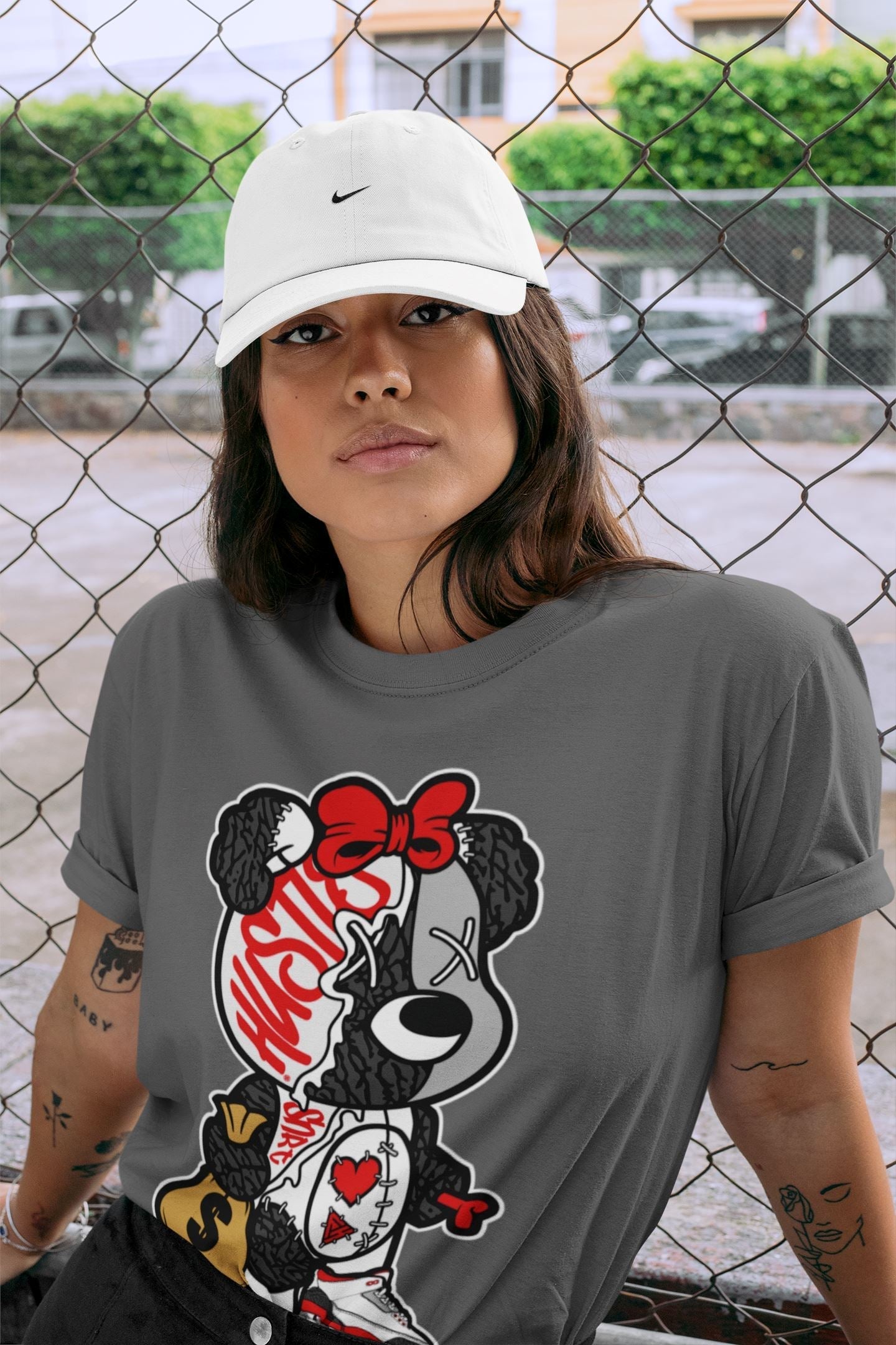 Stitched Hustle Bear Unisex Tops - Air Jordan 3 Fire Red