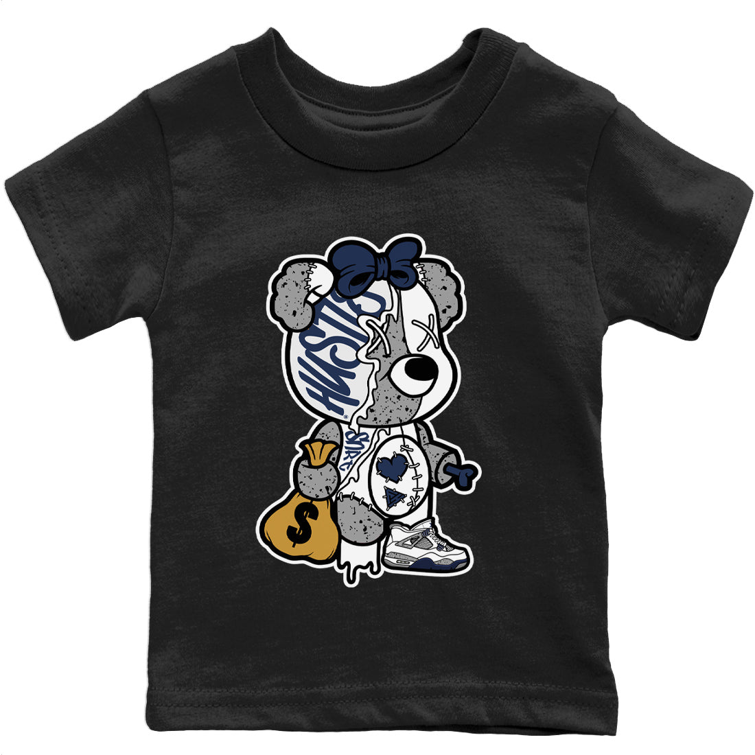 Stitched Hustle Bear Kids Tops - Air Jordan 4 Midnight Navy