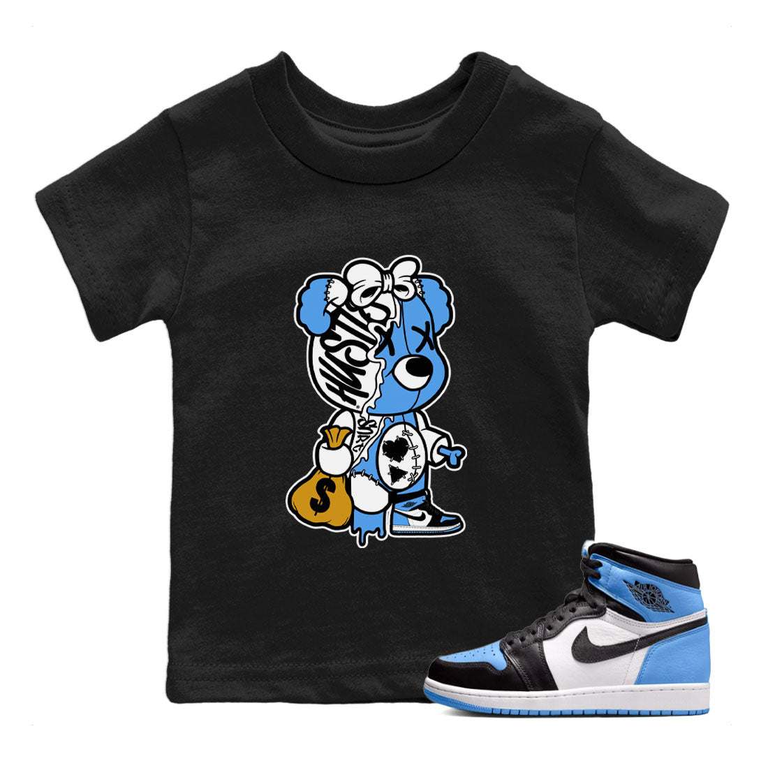 Stitched Hustle Bear snkmatch Tee Kids - Air Jordan 1 UNC Toe