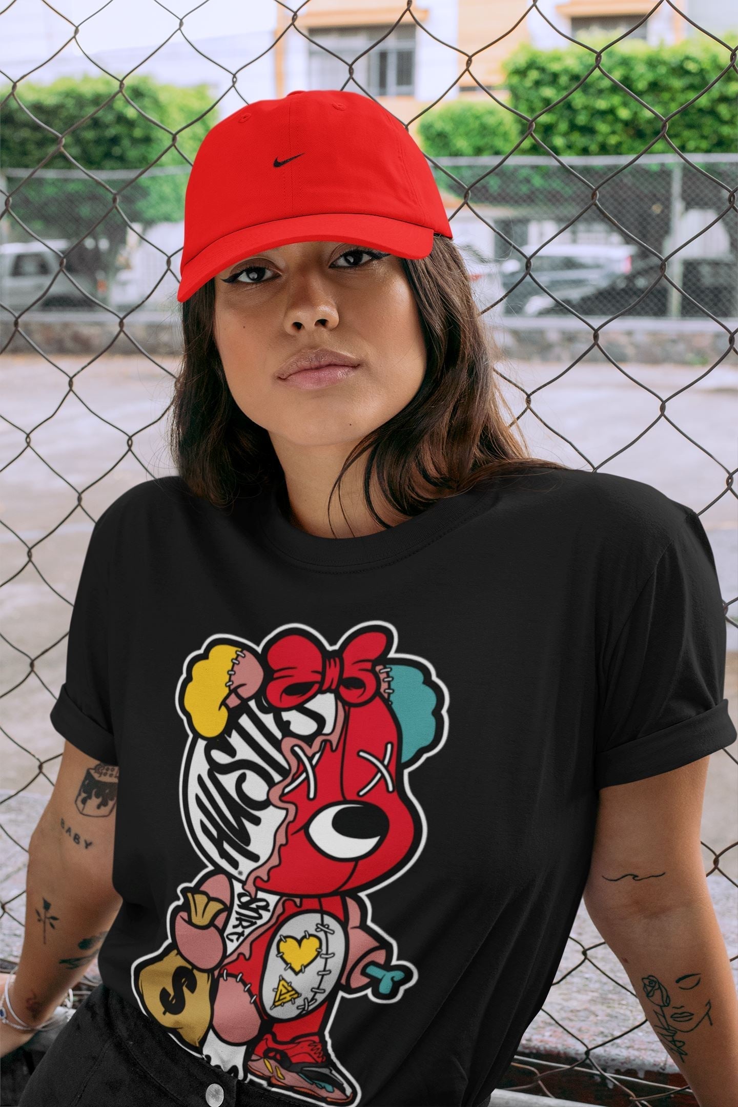Stitched Hustle Bear Unisex Tops - Yeezy 700 Hi-Res Red