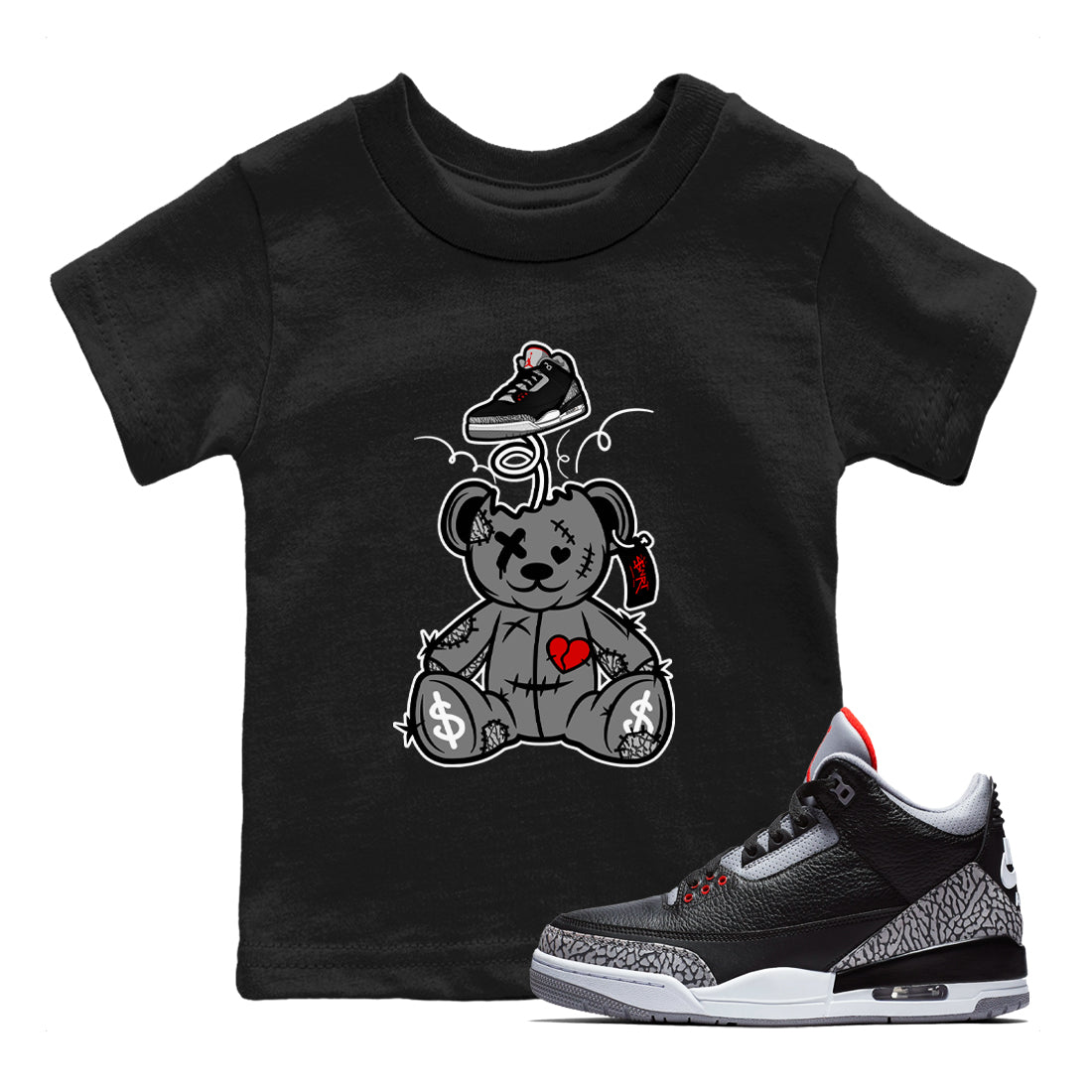 Surprise Teddy Bear snkmatch Tees Kids - Air Jordan 3 Black Cement