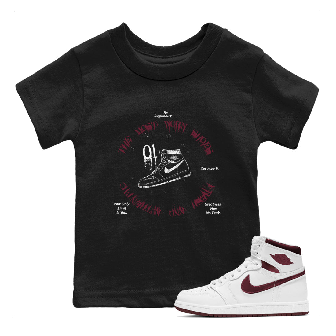 The Most Worn Shoes snkmatch Tees Kids - Air Jordan 1 Metallic Burgundy