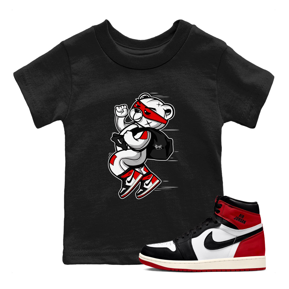 Thief Bear snkmatch Tees Kids - Air Jordan 1 Black Toe Reimagined