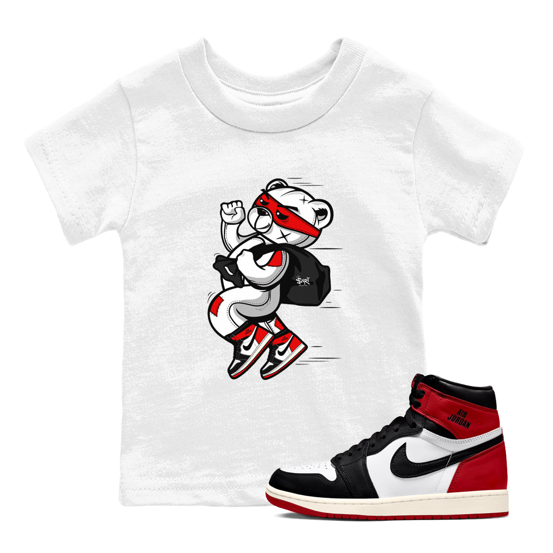 Thief Bear snkmatch Tees Kids - Air Jordan 1 Black Toe Reimagined