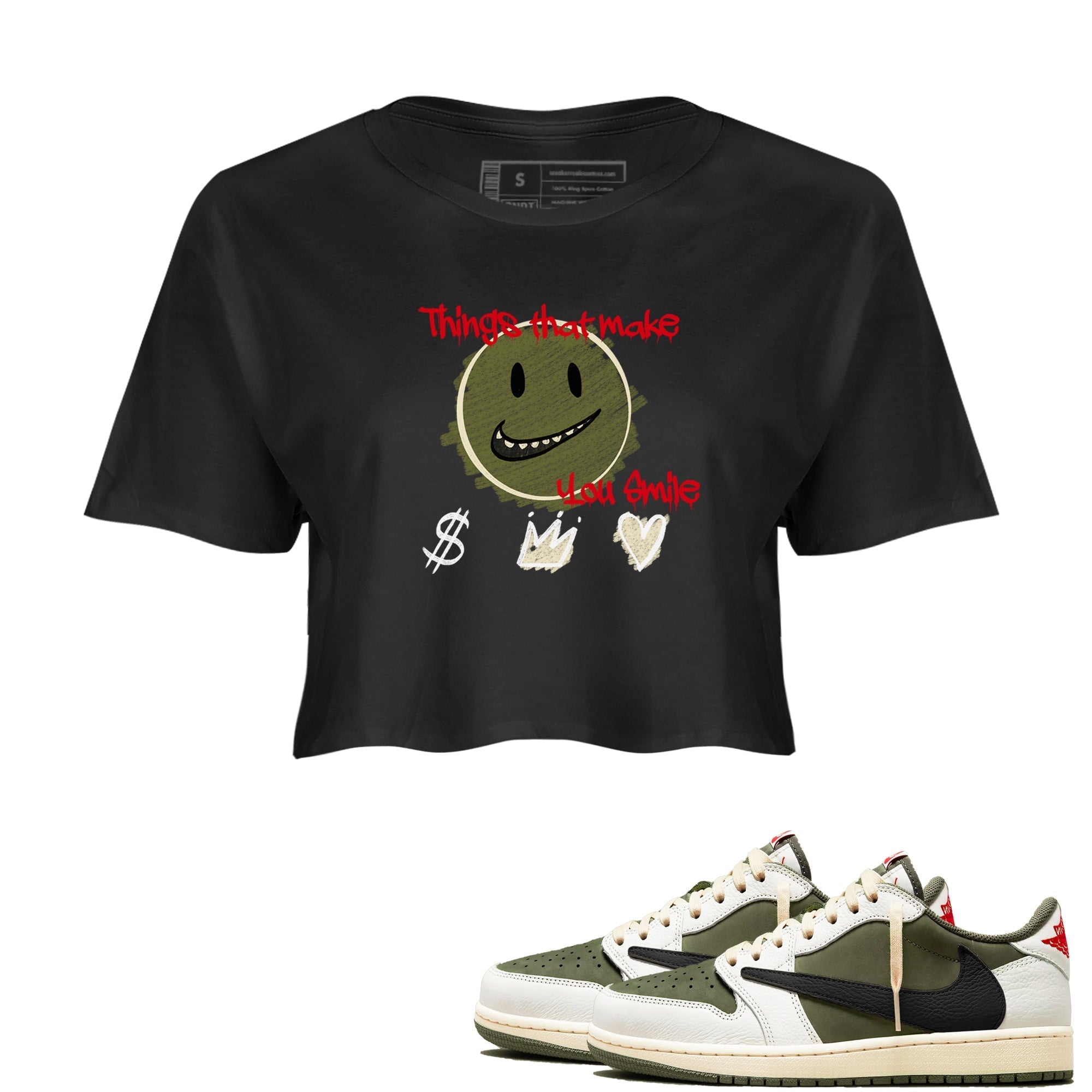 Things That Make You Smile snkmatch Women's Top - Air Jordan 1 Travis Scott Medium Olive
