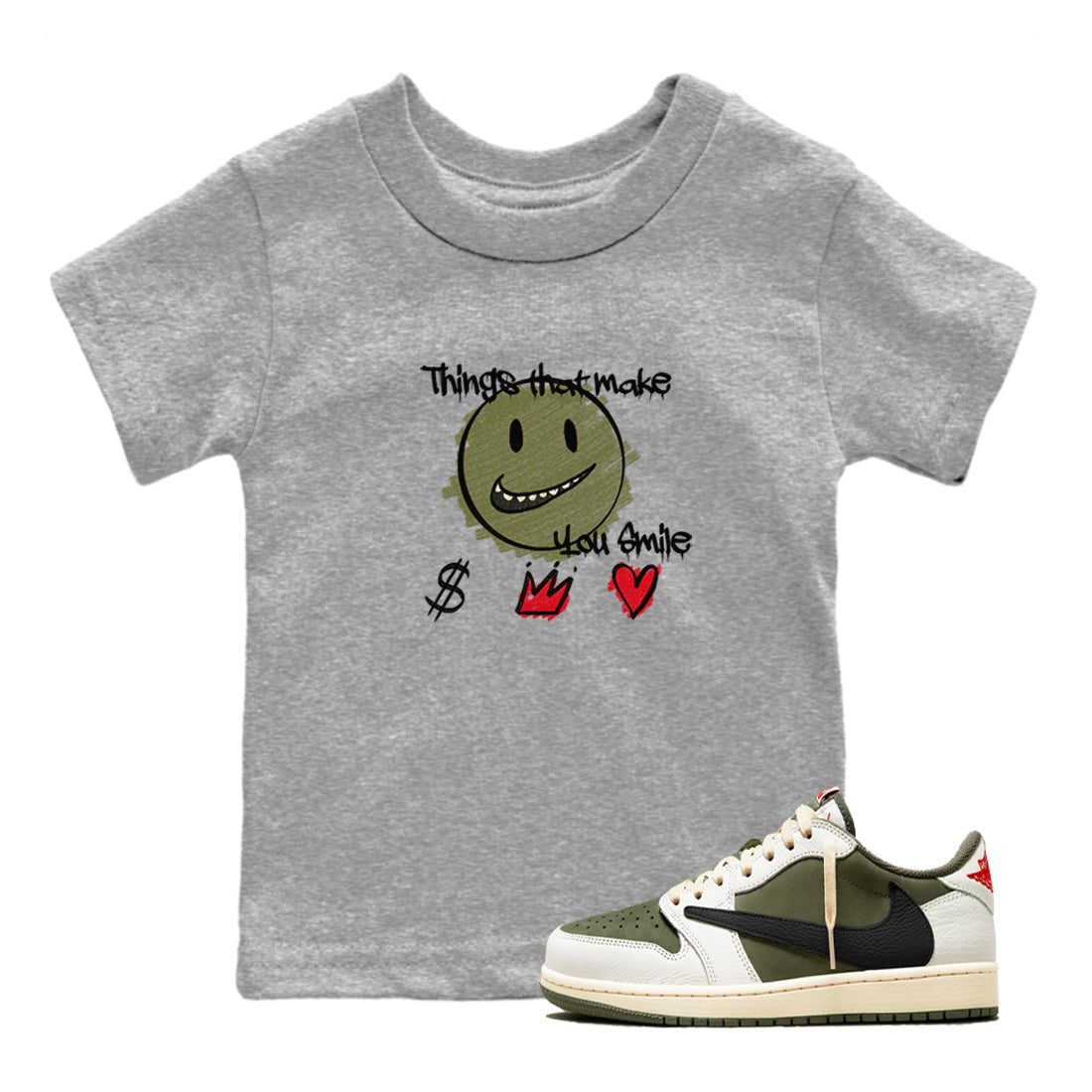 Things That Make You Smile snkmatch Tees Kids - Air Jordan 1 Travis Scott Medium Olive