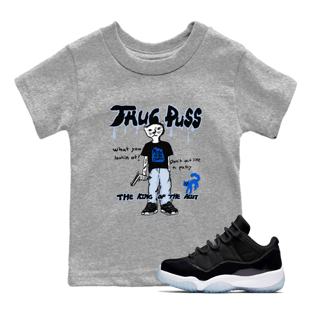 Thug Puss snkmatch Tees Kids - Air Jordan 11 Black and Varsity Royal