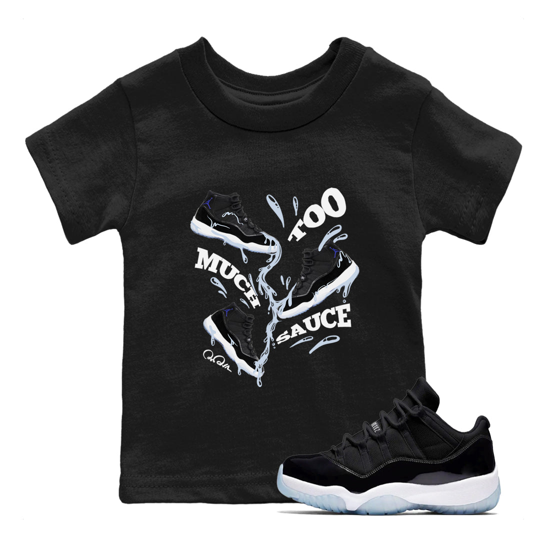 Too Much Sauce snkmatch Tee Kids - Air Jordan 11 Black and Varsity Royal