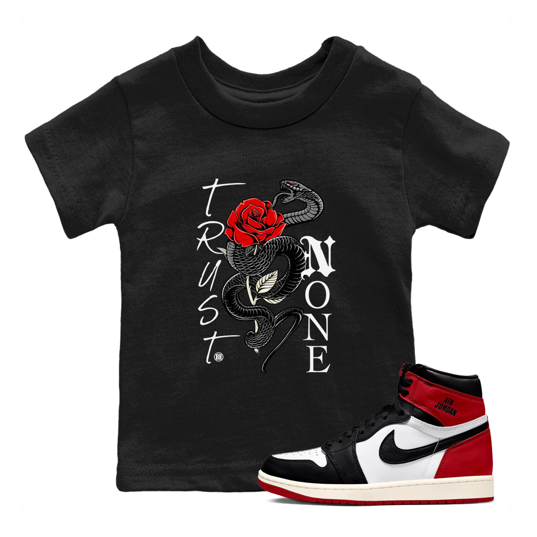 Trust None snkmatch Tees Kids - Air Jordan 1 Black Toe Reimagined