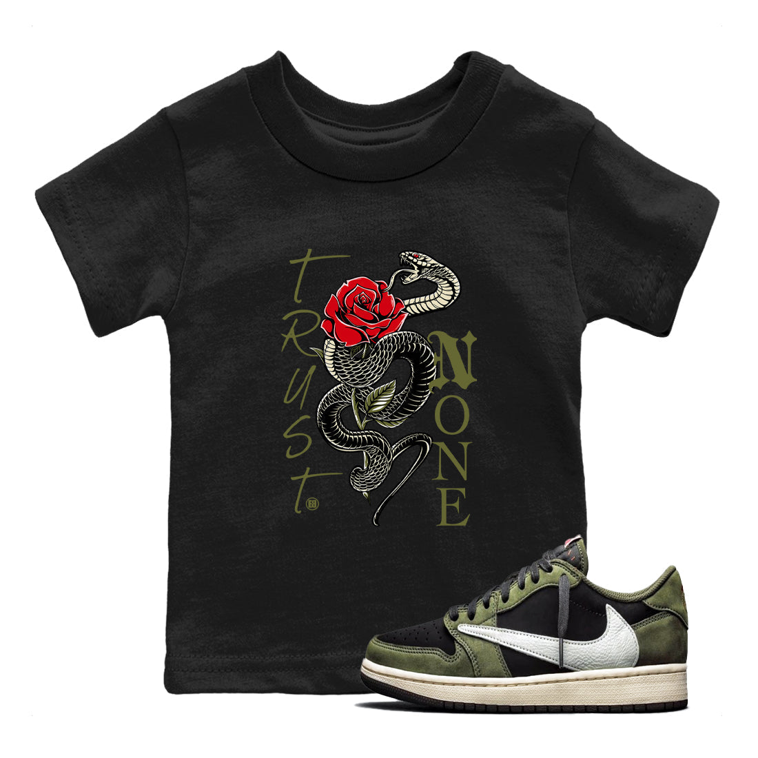 Trust None snkmatch Tees Kids - Air Jordan 1 Travis Scott Medium Olive