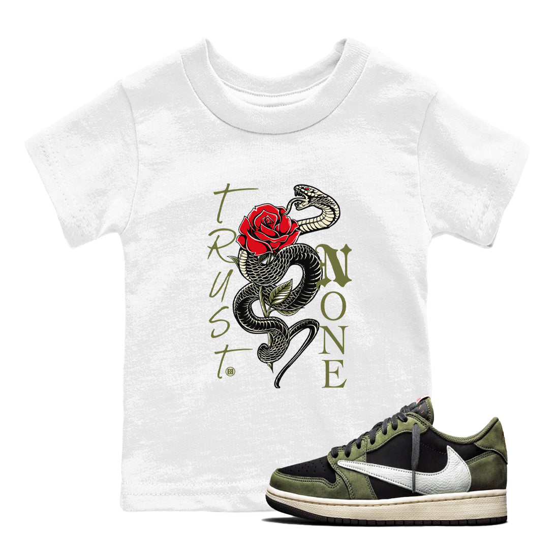 Trust None snkmatch Tees Kids - Air Jordan 1 Travis Scott Medium Olive