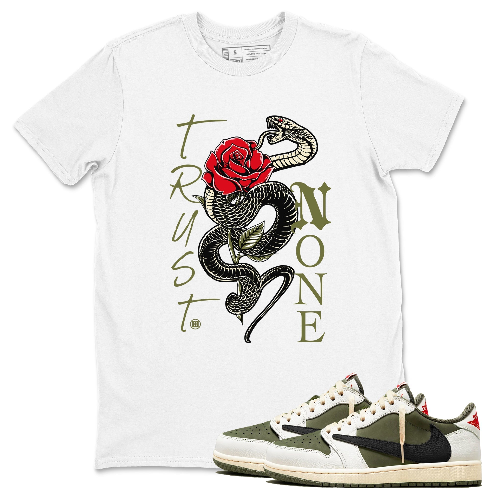 Trust None snkmatch Tees - Air Jordan 1 Travis Scott Medium Olive