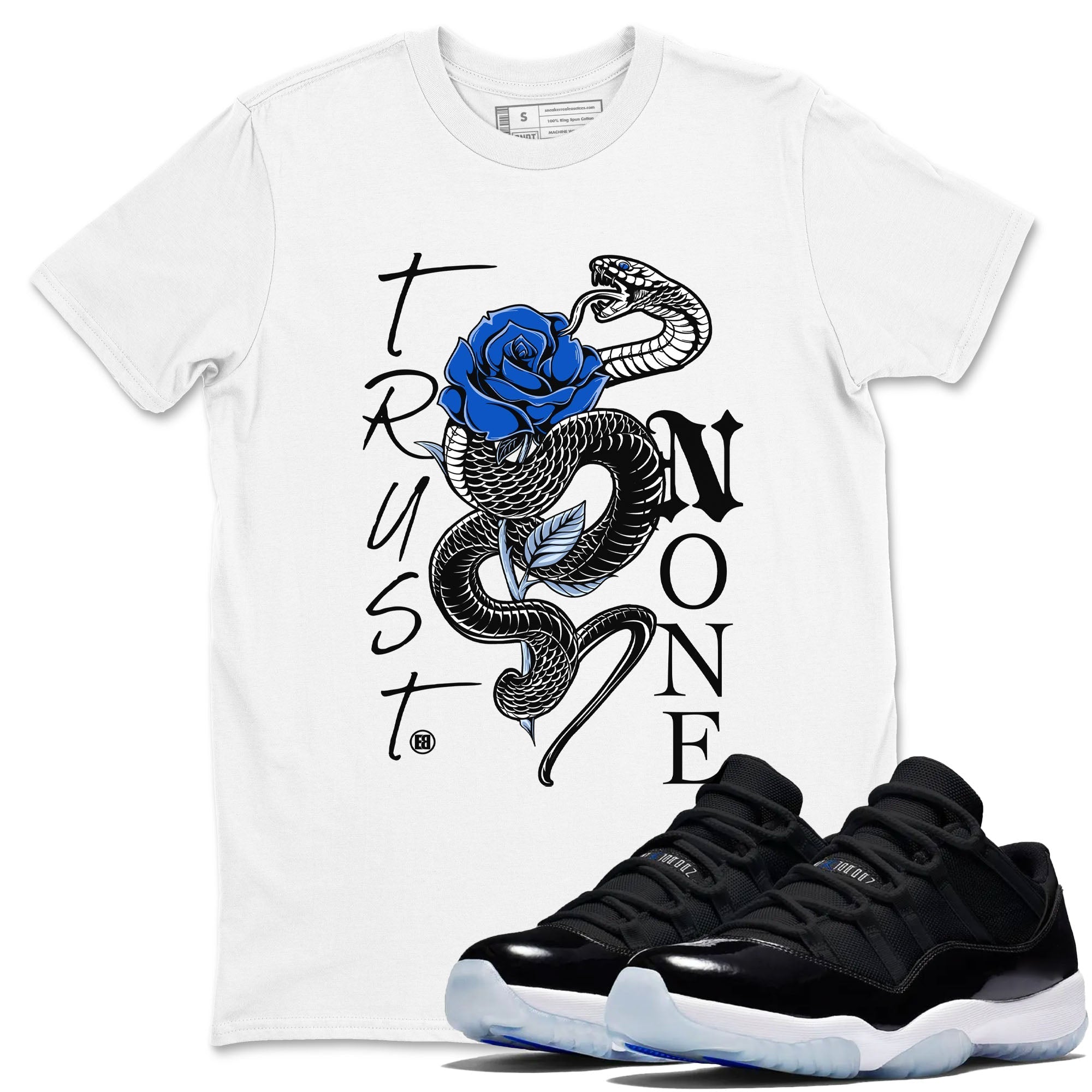 Trust None snkmatch Tees - Air Jordan 11 Black and Varsity Royal