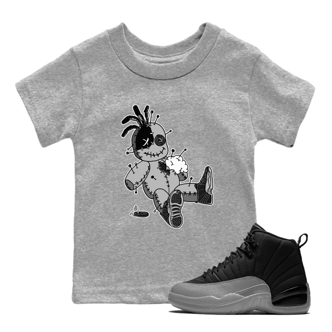 Voodoo Doll snkmatch Tees Kids - Air Jordan 12 Black Wolf Grey