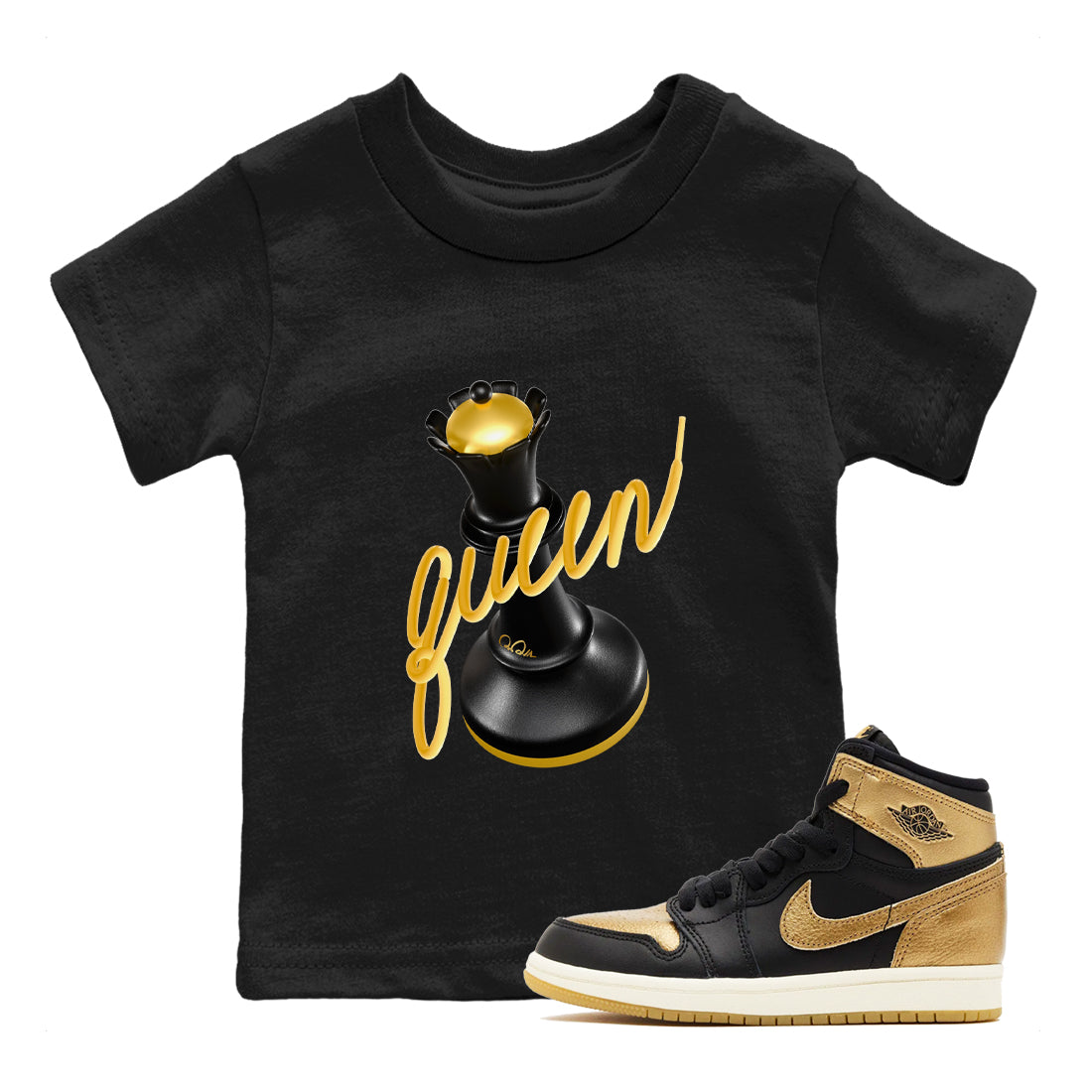 3D Queen snkmatch Tees Kids - Air Jordan 1 Black Metallic Gold