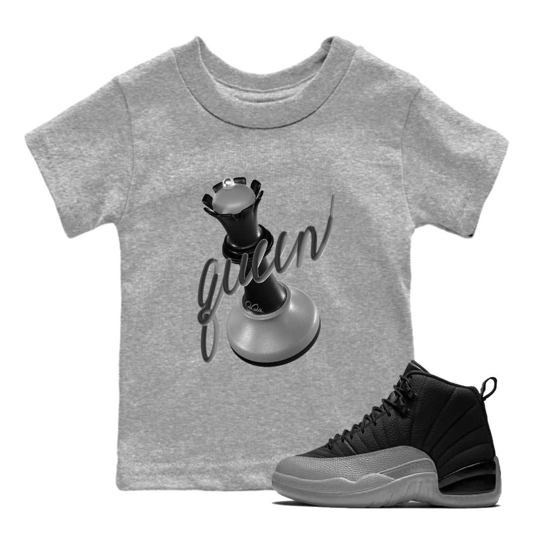 3D Queen snkmatch Tees Kids - Air Jordan 12 Black Wolf Grey