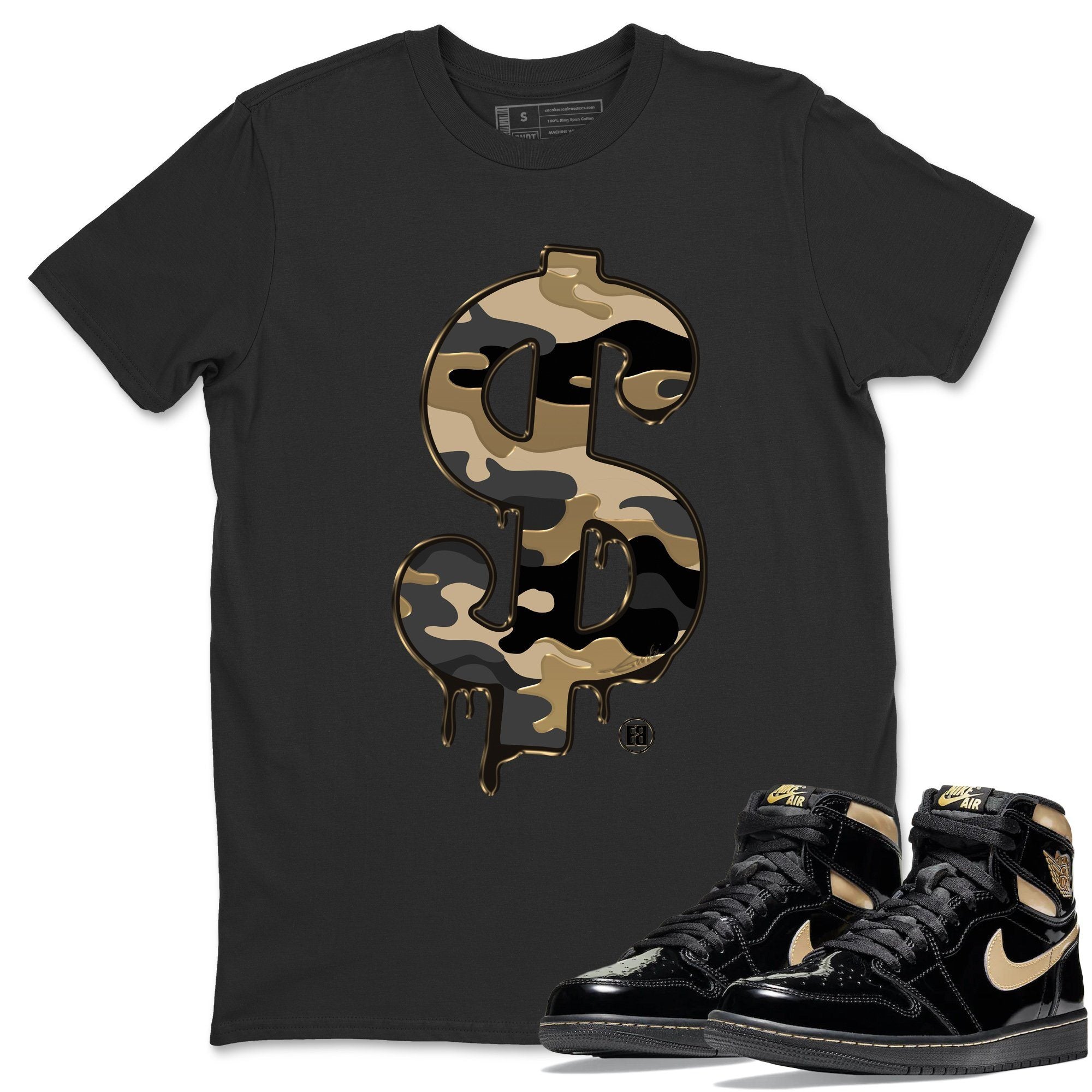 Dollar Camo Unisex Tops - Air Jordan 1 Black Metallic Gold