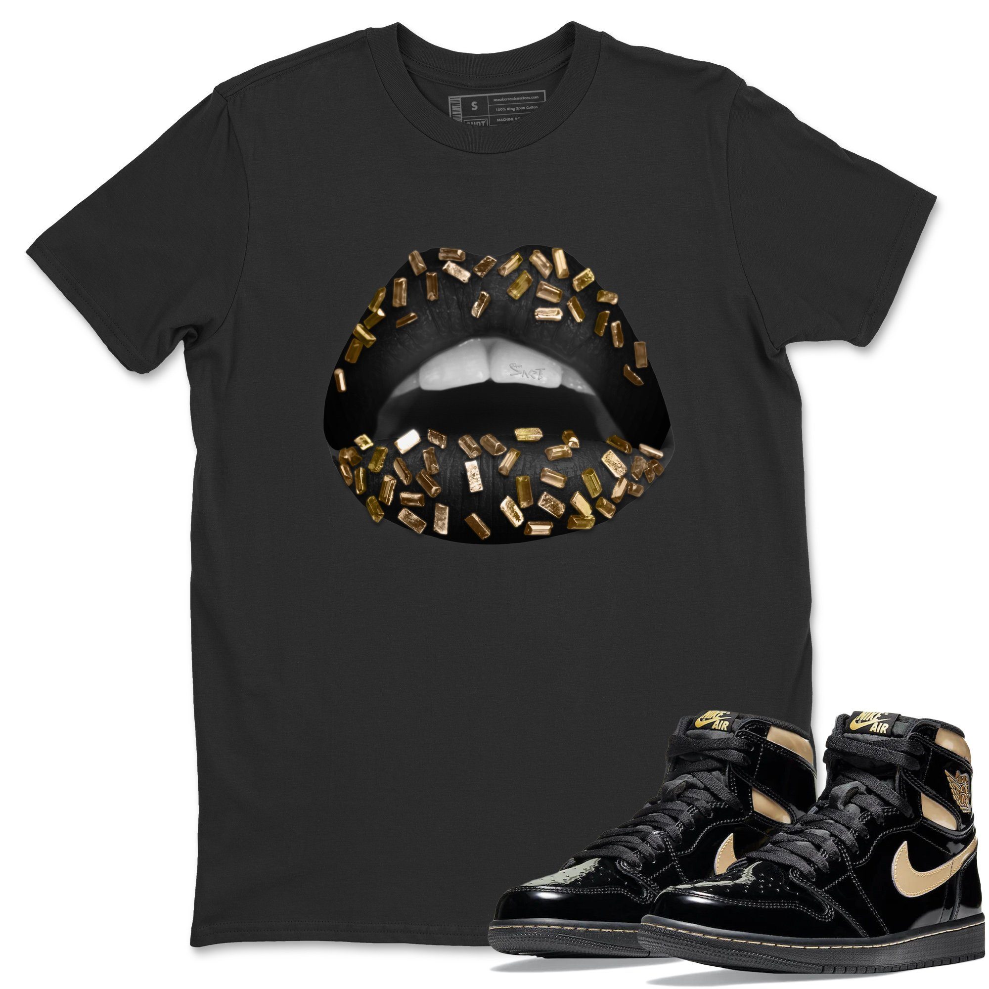 Lips Jewel Unisex Tops - Air Jordan 1 Black Metallic Gold