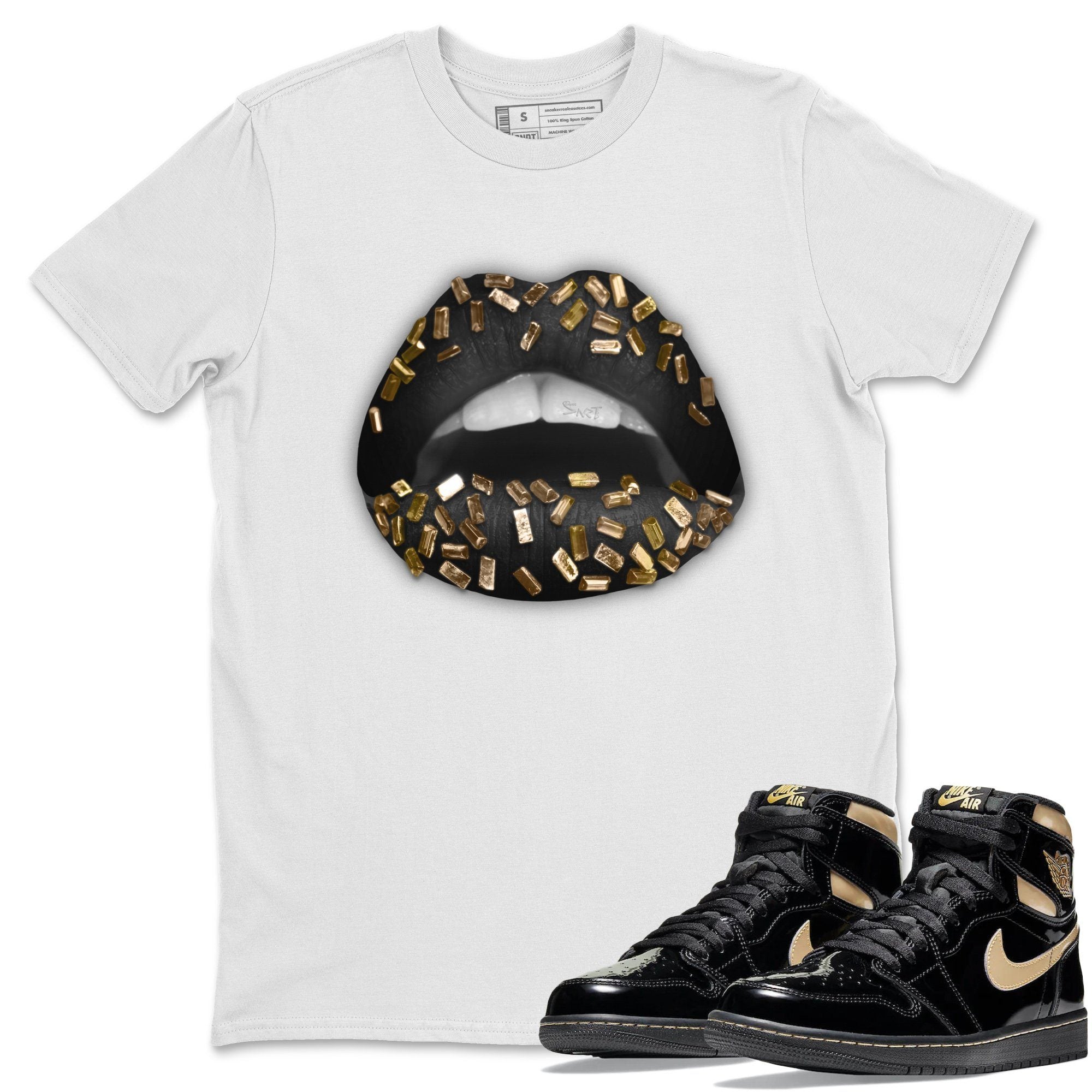 Lips Jewel Unisex Tops - Air Jordan 1 Black Metallic Gold