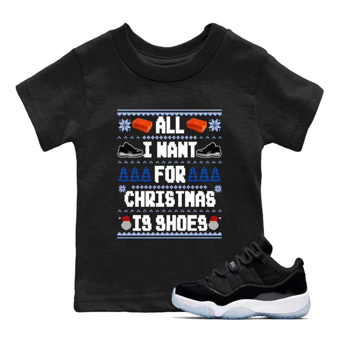 All I Want For Christmas Is Shoes snkmatch Tees Kids - Air Jordan 11 Black and Varsity Royal