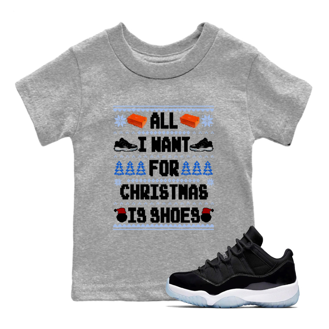 All I Want For Christmas Is Shoes snkmatch Tees Kids - Air Jordan 11 Black and Varsity Royal