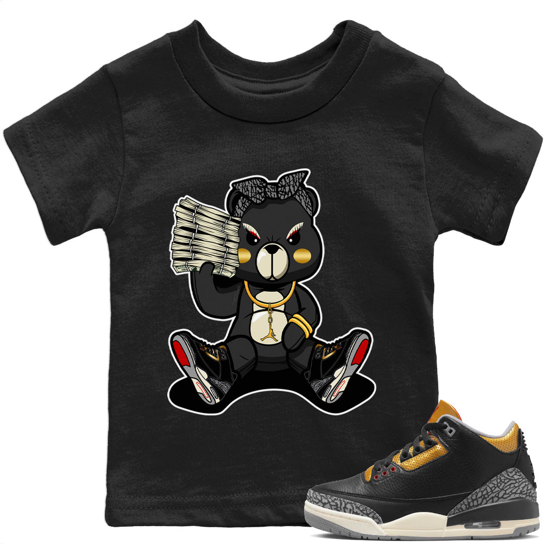 Bad Baby Bear Kids Tops - Air Jordan 3 Black Gold