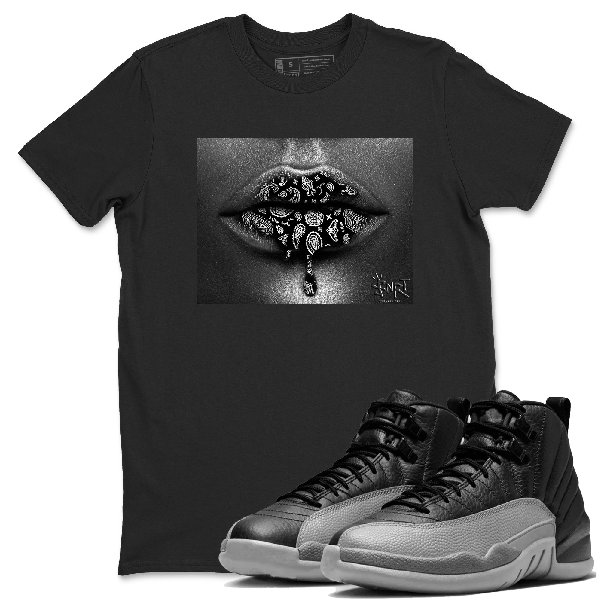 Bandana Lips snkmatch Tees - Air Jordan 12 Black Wolf Grey
