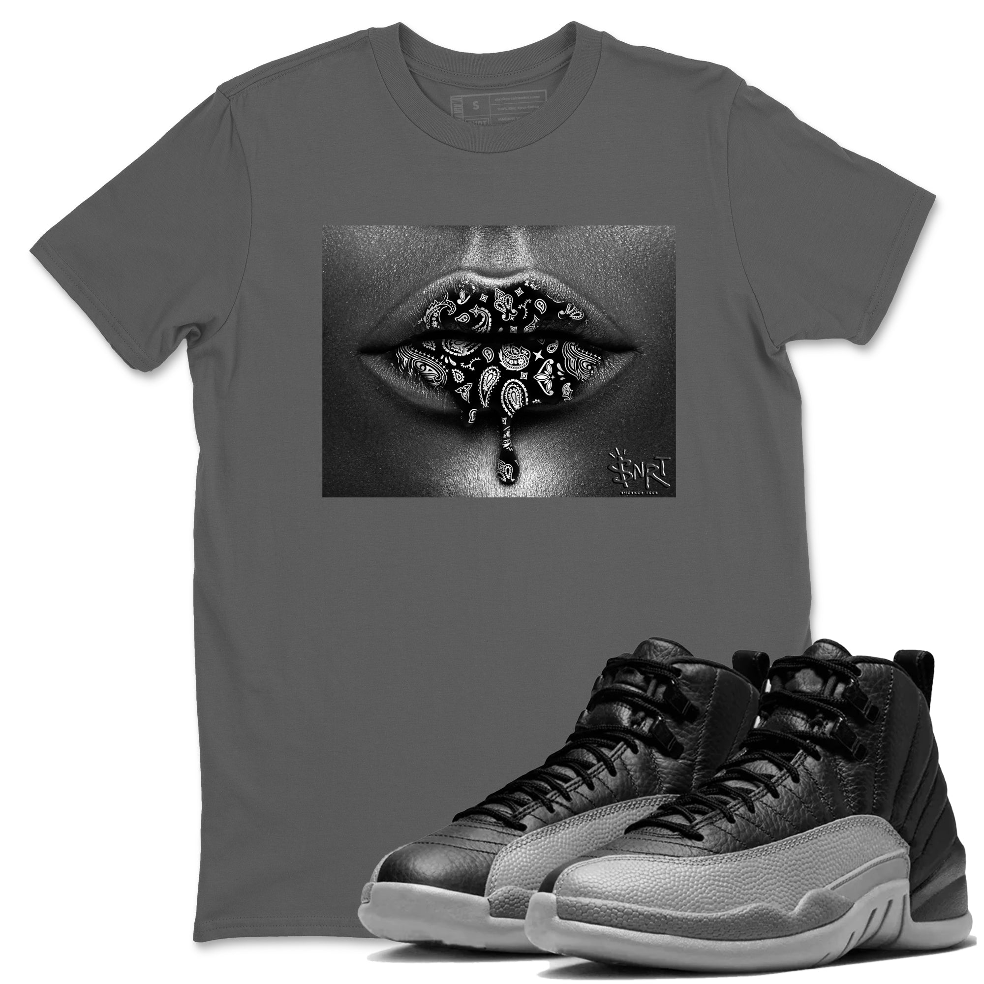 Bandana Lips snkmatch Tees - Air Jordan 12 Black Wolf Grey