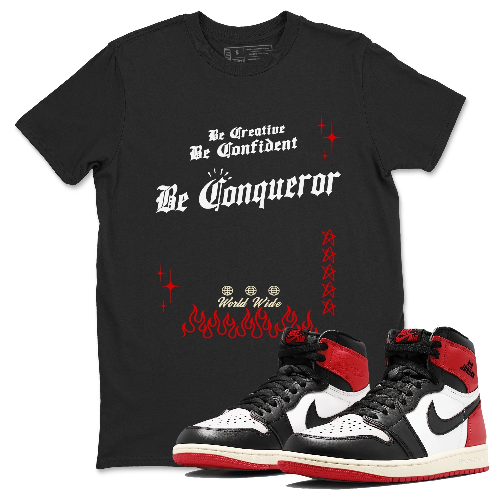 Be Conqueror snkmatch Tees - Air Jordan 1 Black Toe Reimagined