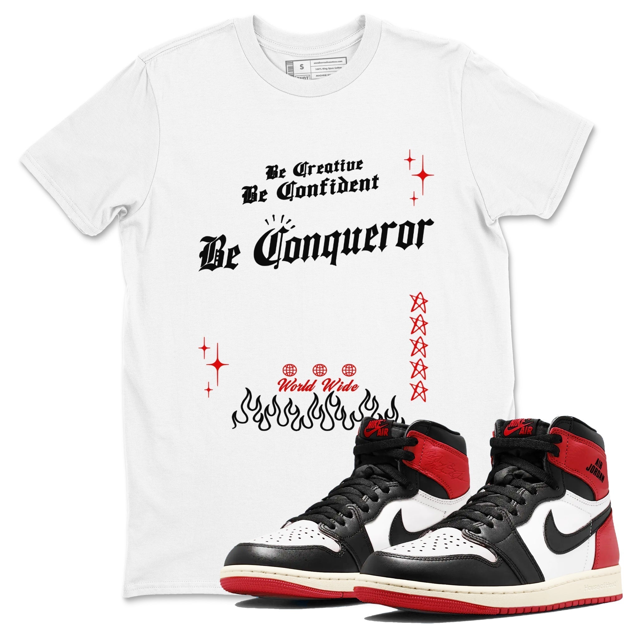 Be Conqueror snkmatch Tees - Air Jordan 1 Black Toe Reimagined