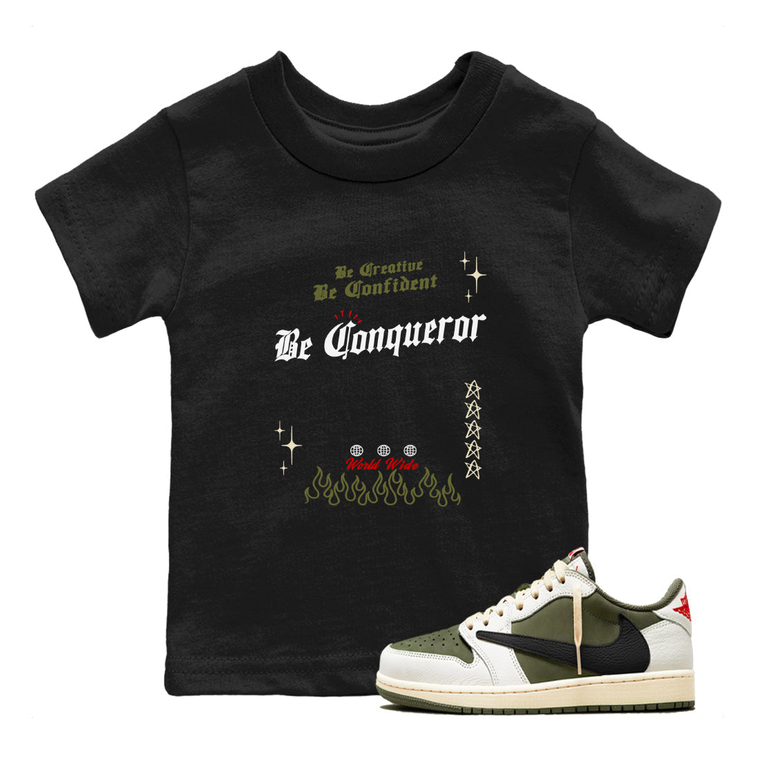Be Conqueror snkmatch Tees Kids - Air Jordan 1 Travis Scott Medium Olive
