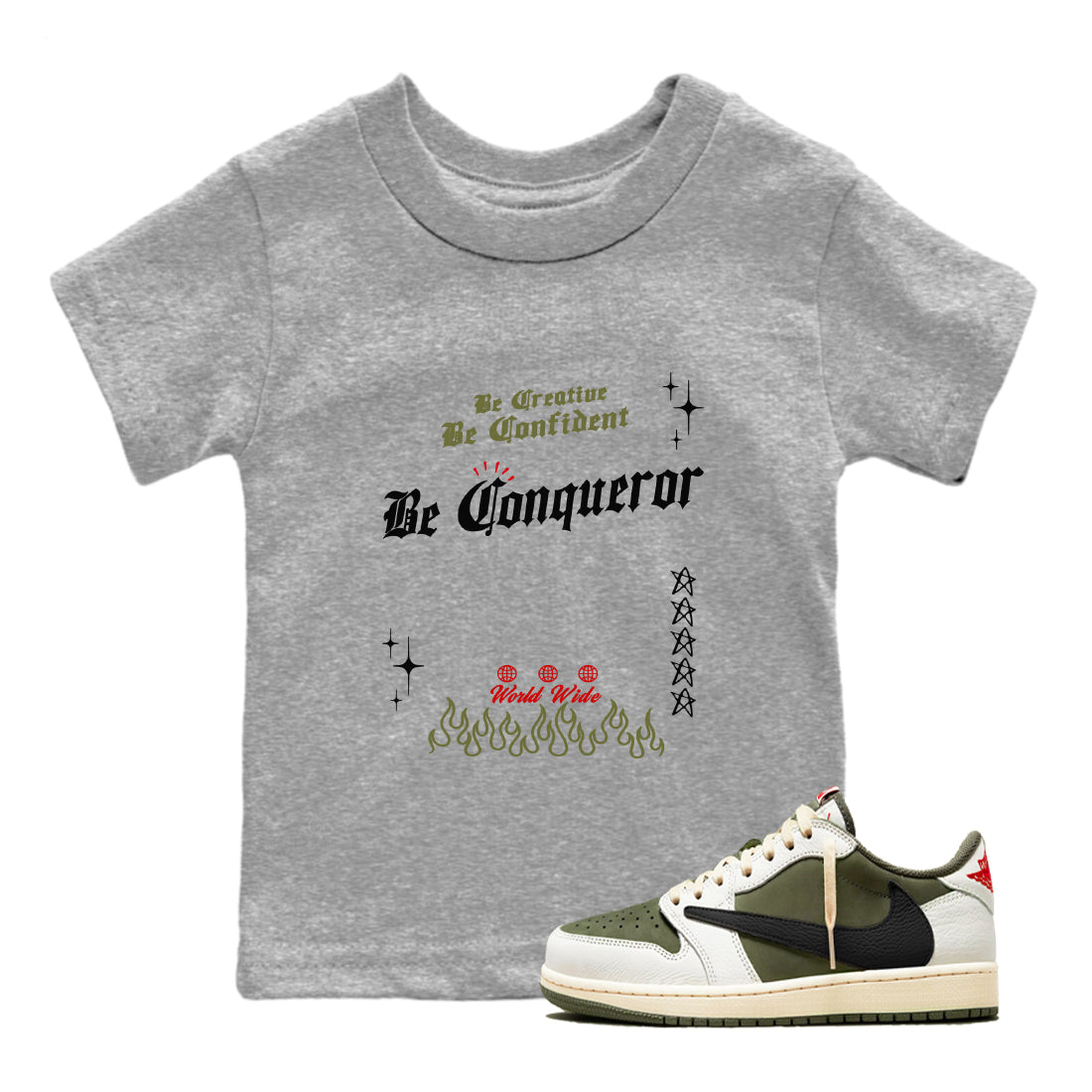 Be Conqueror snkmatch Tees Kids - Air Jordan 1 Travis Scott Medium Olive