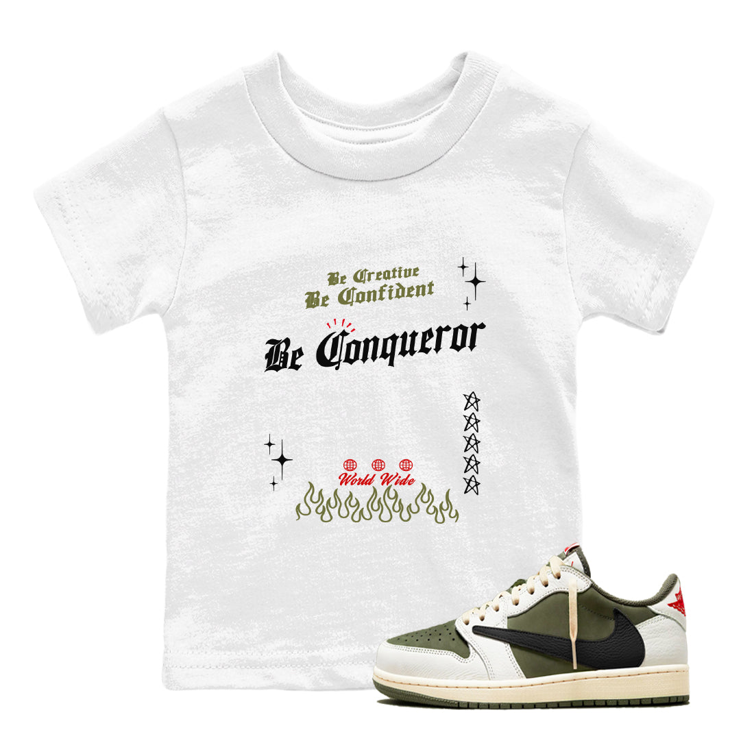 Be Conqueror snkmatch Tees Kids - Air Jordan 1 Travis Scott Medium Olive