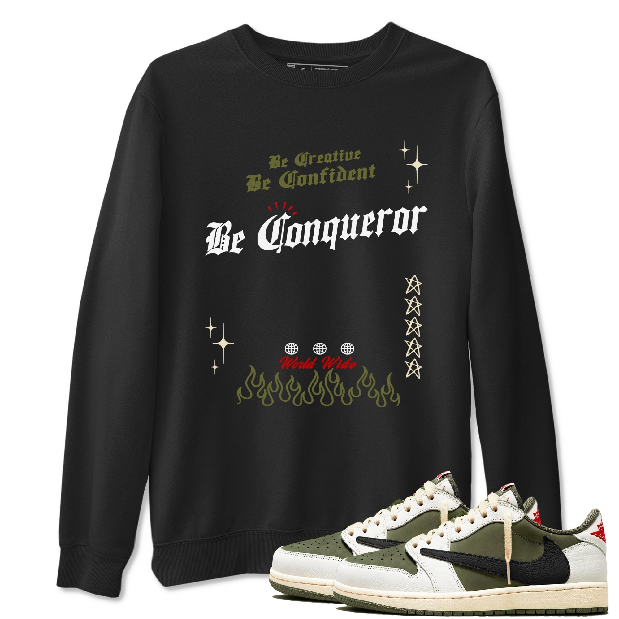 Be Conqueror snkmatch Tees - Air Jordan 1 Travis Scott Medium Olive