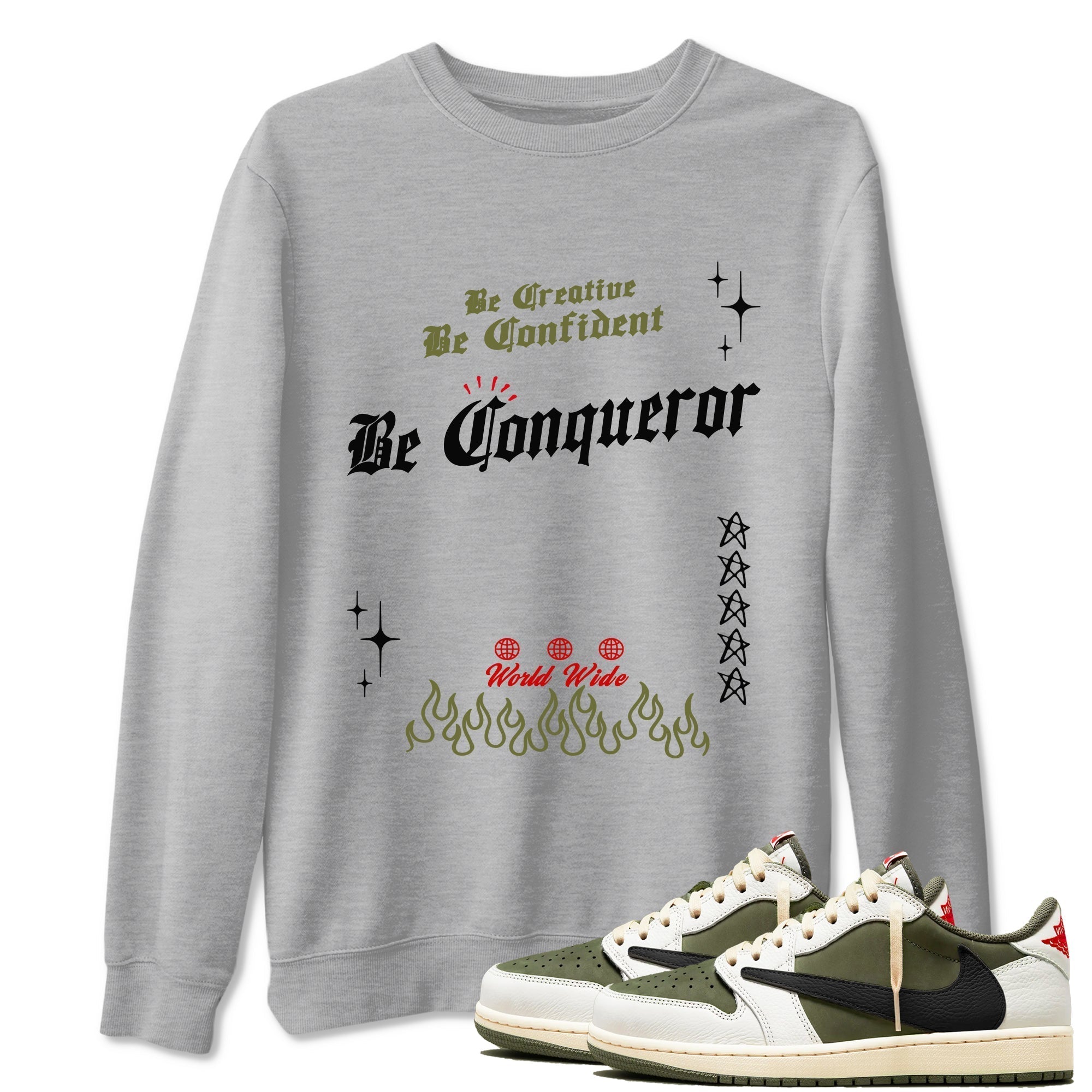 Be Conqueror snkmatch Tees - Air Jordan 1 Travis Scott Medium Olive