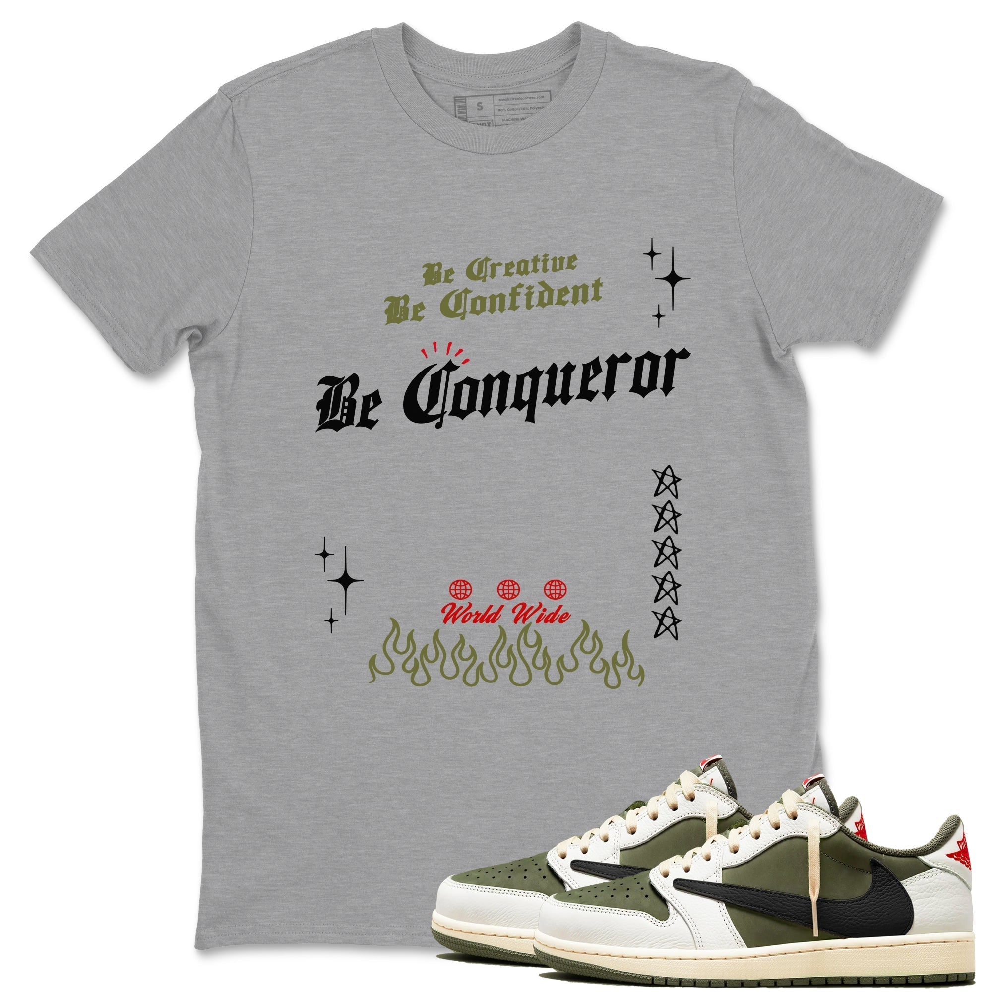 Be Conqueror snkmatch Tees - Air Jordan 1 Travis Scott Medium Olive