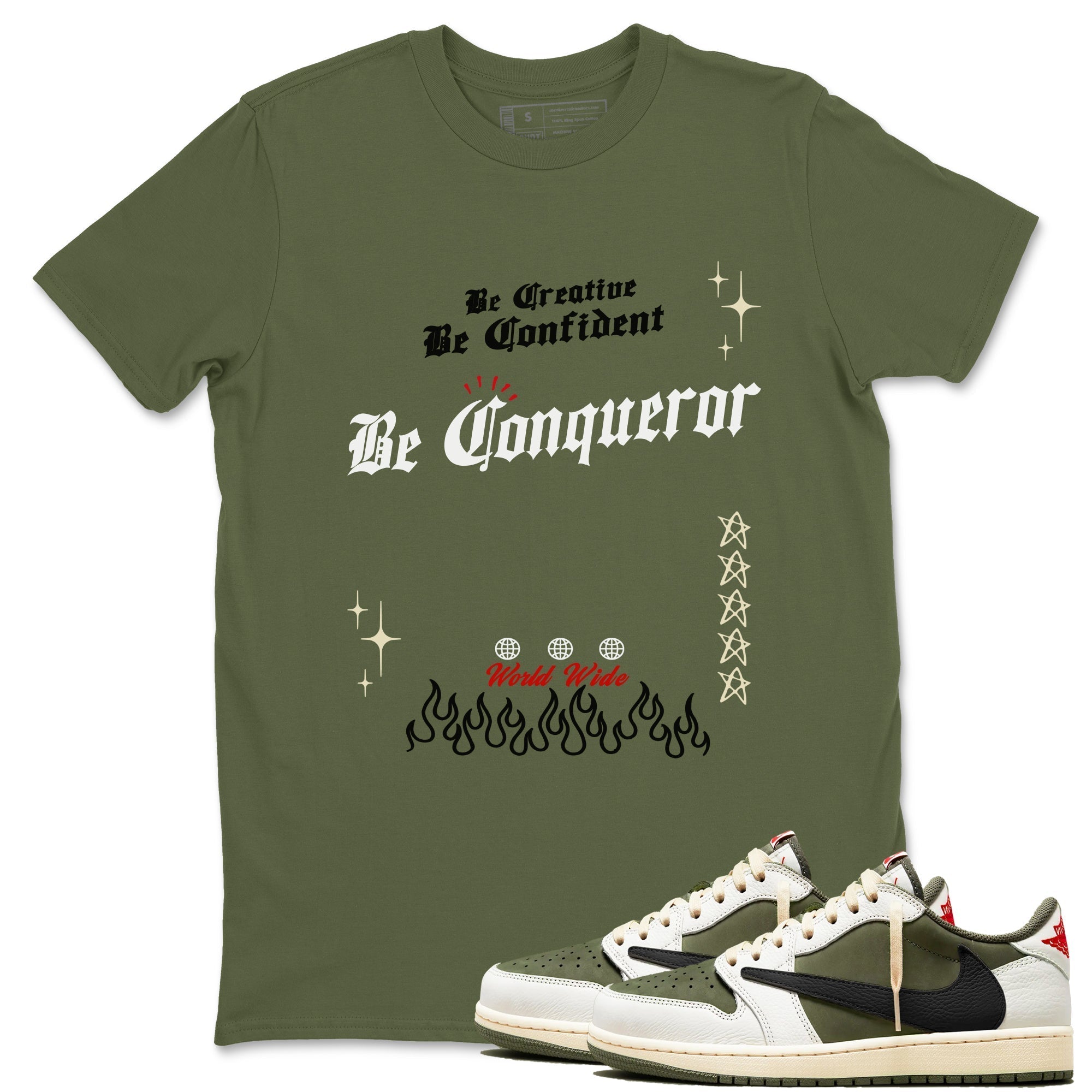 Be Conqueror snkmatch Tees - Air Jordan 1 Travis Scott Medium Olive